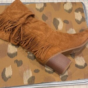 Journee Collection Tan Suede Fringe Mid-Calf Block Heel Boots